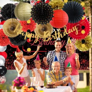 Red Black Gold Birthday Party Decorations Paper Lanterns Pom Poms Flowers Fans Casino Theme Party Decorations for Birthday Wedding Anniversary Bridal Shower Bachelorette Baby Shower Party