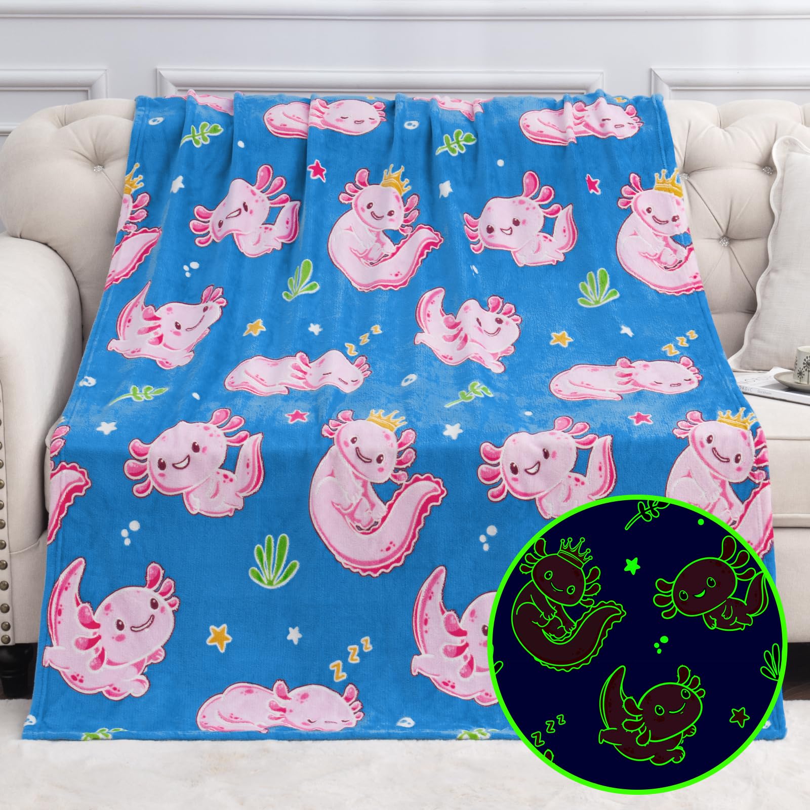 Glow in The Dark Axolotl Blankets,Throw Blanket Toys Gifts for 3 4 5 6 7 8 9 10 Years Old Kids Boys Girls,Soft Cute Glowing Blanket Present for Birthday Christmas Easter Valentines, 60"x50"