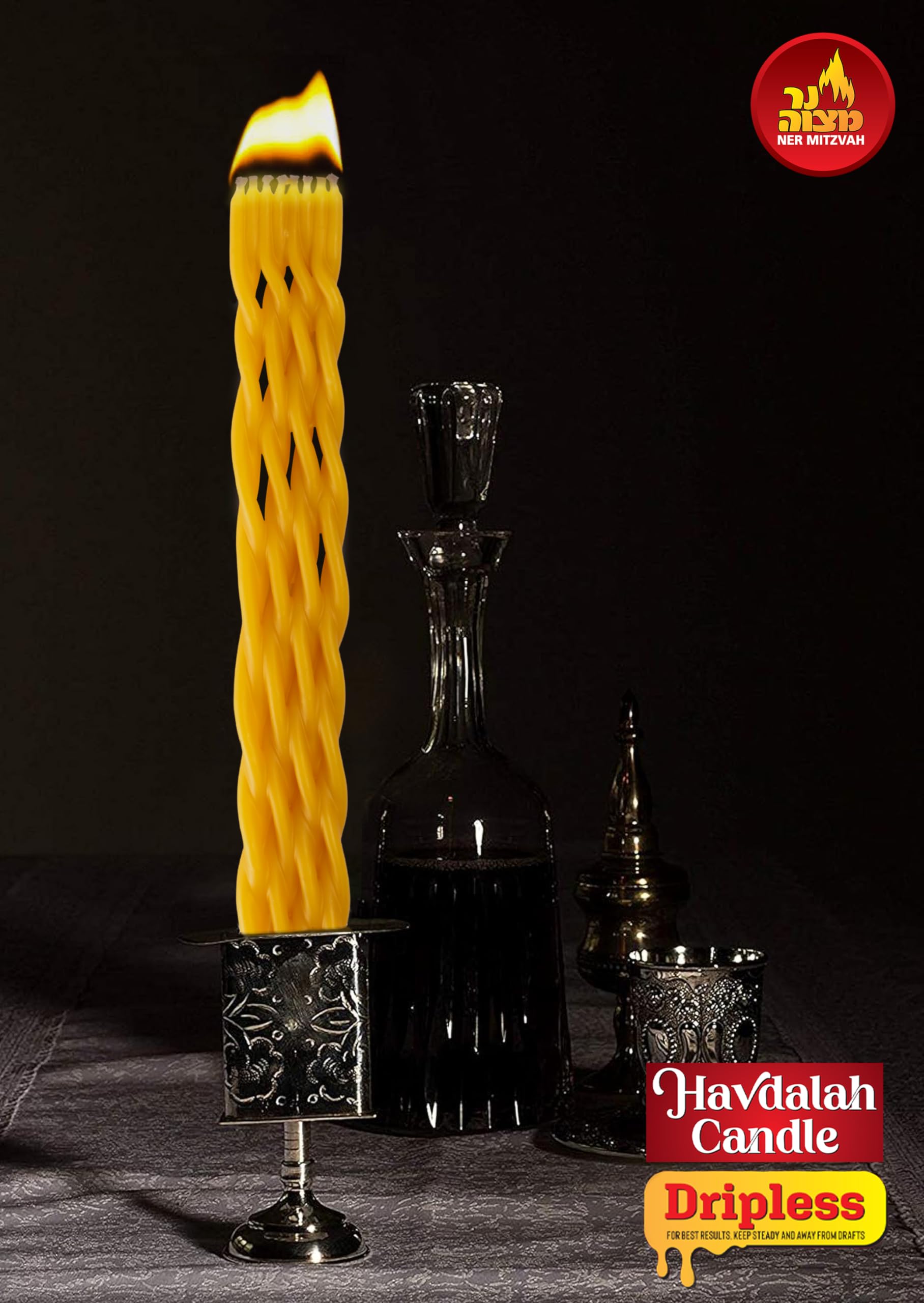 Ner Mitzvah Havdalah Candle DRIPLESS Braided Beeswax - Non-Drip - 12" Drip-Free Hand Dipped Bees Wax Braided Multi Wick Candle