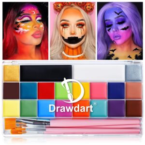 Drawdart Face Body Paint Kit, 20 Colors Oil Based Painting Palette with 4 Professional Artist Brushes, Large Deep Pan Face Painting Kit Ideal for Halloween SFX Cosplay Costume Makeup