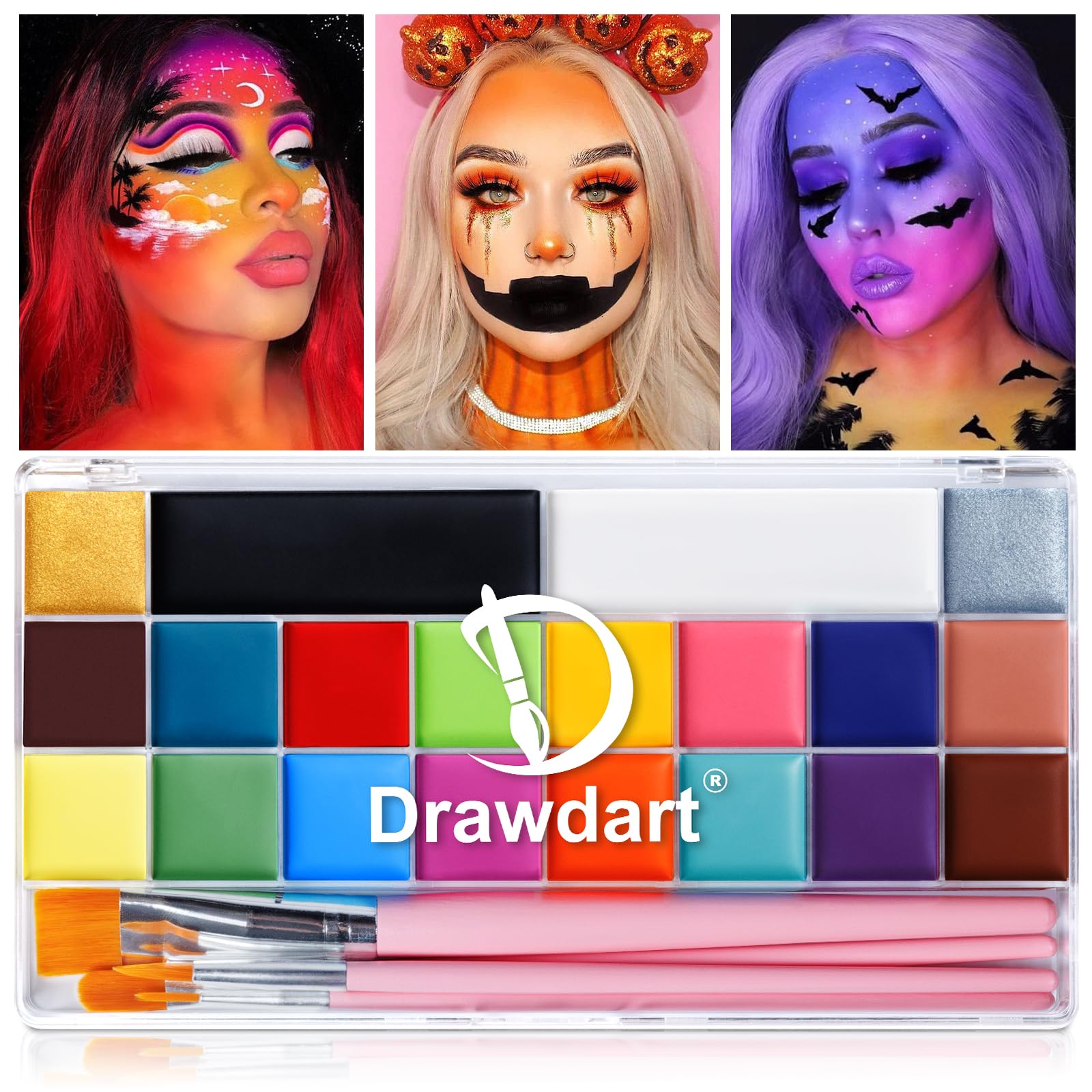 Drawdart Face Body Paint Kit, 20 Colors Oil Based Painting Palette with 4 Professional Artist Brushes, Large Deep Pan Face Painting Kit Ideal for Halloween SFX Cosplay Costume Makeup