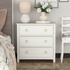 COZAYH Farmhouse 3-Drawer Dresser, Fully-Assembled French Country Chest of Drawers with Embossed Geometric Lines, Rustic Dresser for Bedroom, Living Room, White