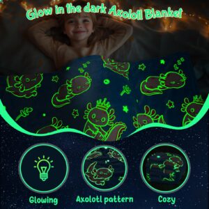 Glow in The Dark Axolotl Blankets,Throw Blanket Toys Gifts for 3 4 5 6 7 8 9 10 Years Old Kids Boys Girls,Soft Cute Glowing Blanket Present for Birthday Christmas Easter Valentines, 60"x50"