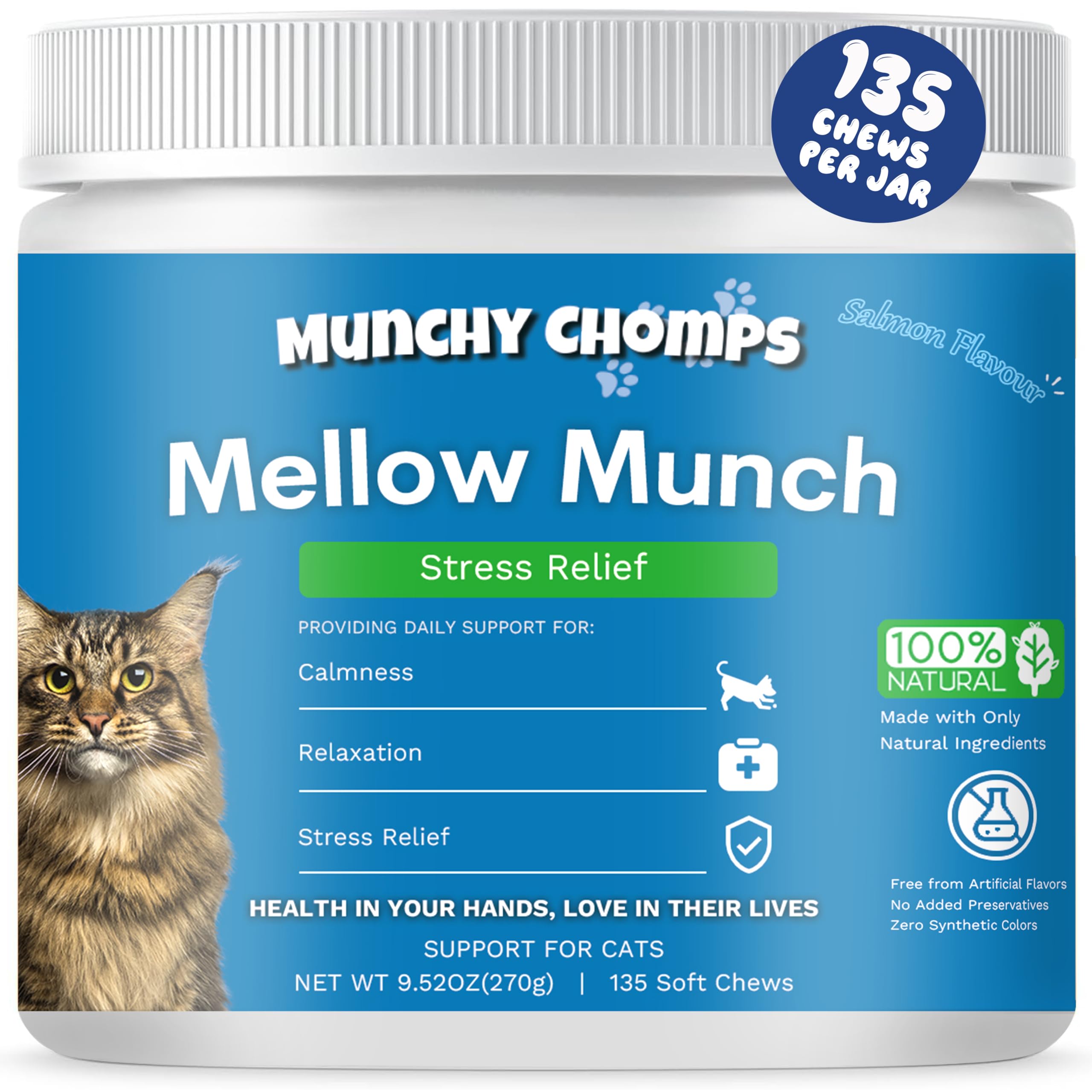 Munchy Chomps Calming Care Support for Cats - Stress Relief & Mellow Calming Chews with Hemp Seed & L-Theanine - Promotes Relaxation & Composure During Stressful Situations (Salmon)