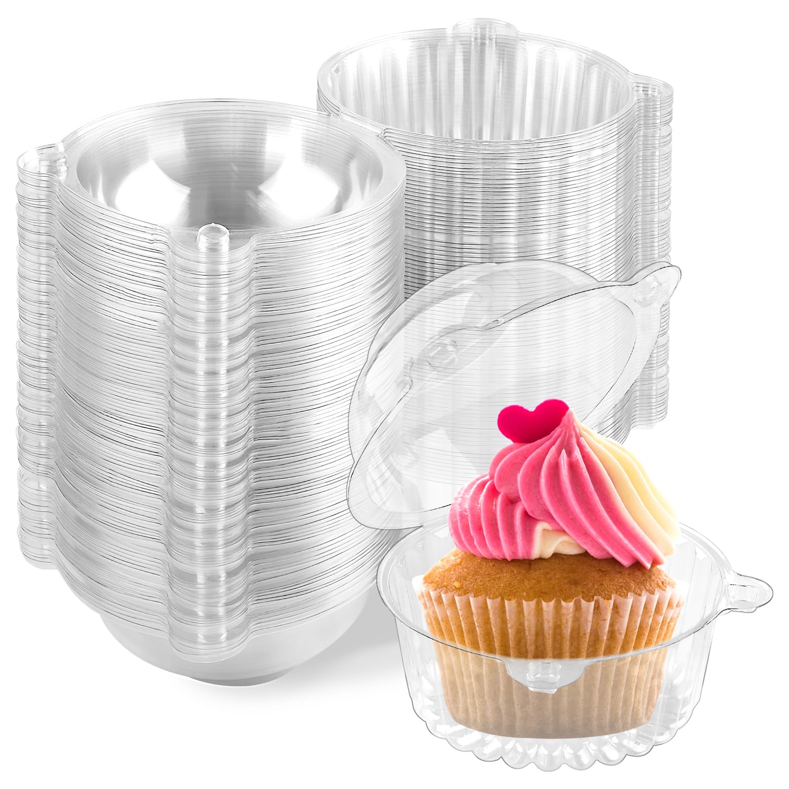 Zezzxu 100 Pack Individual Cupcake Containers, Clear Plastic Cupcake Holders with Dome Lids, Single Cupcake Carriers for Cupcakes, Hot Cocoa Bombs, Muffins, Pastries