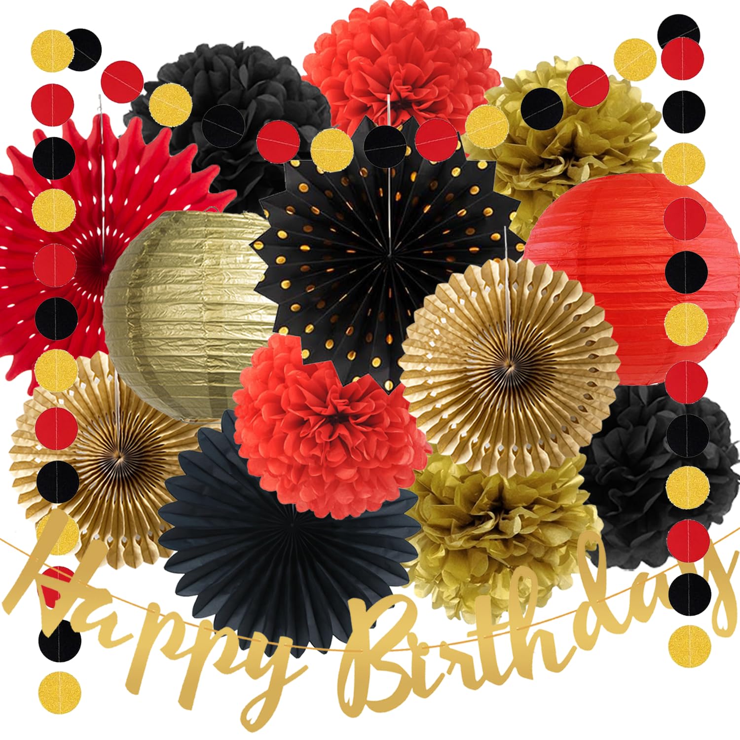 Red Black Gold Birthday Party Decorations Paper Lanterns Pom Poms Flowers Fans Casino Theme Party Decorations for Birthday Wedding Anniversary Bridal Shower Bachelorette Baby Shower Party