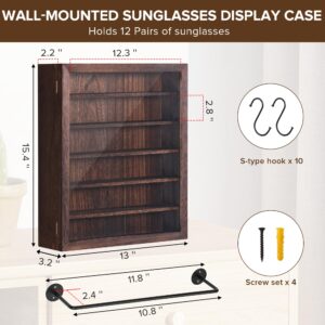 MOCAS Sunglasses Organizer Storage Wall Mounted, Wood Eyeglasses Display Holder with 10 Hooks, Eyeglass Organizer for Multiple Glasses, Dust Proof Sunglasses Storage Case