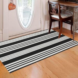 Striped Rug Outdoor Porch Rug Black Striped 23.5x51 inches Washable Layered Outdoor Doormat Front Door Mat Cotton Striped Outdoor Rug for Front Door Entryway Patio Laundry Kitchen