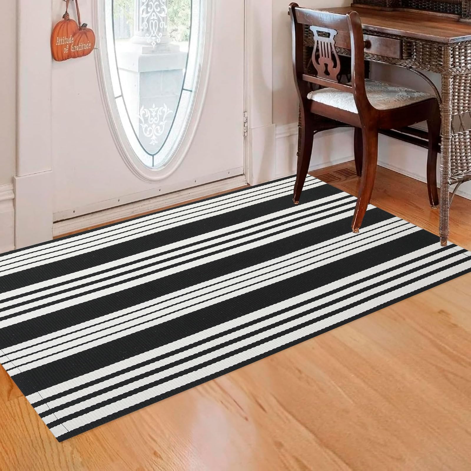 Striped Rug Outdoor Porch Rug Black Striped 23.5x51 inches Washable Layered Outdoor Doormat Front Door Mat Cotton Striped Outdoor Rug for Front Door Entryway Patio Laundry Kitchen