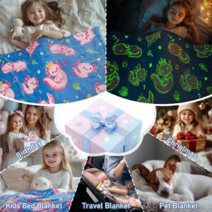 Glow in The Dark Axolotl Blankets,Throw Blanket Toys Gifts for 3 4 5 6 7 8 9 10 Years Old Kids Boys Girls,Soft Cute Glowing Blanket Present for Birthday Christmas Easter Valentines, 60"x50"