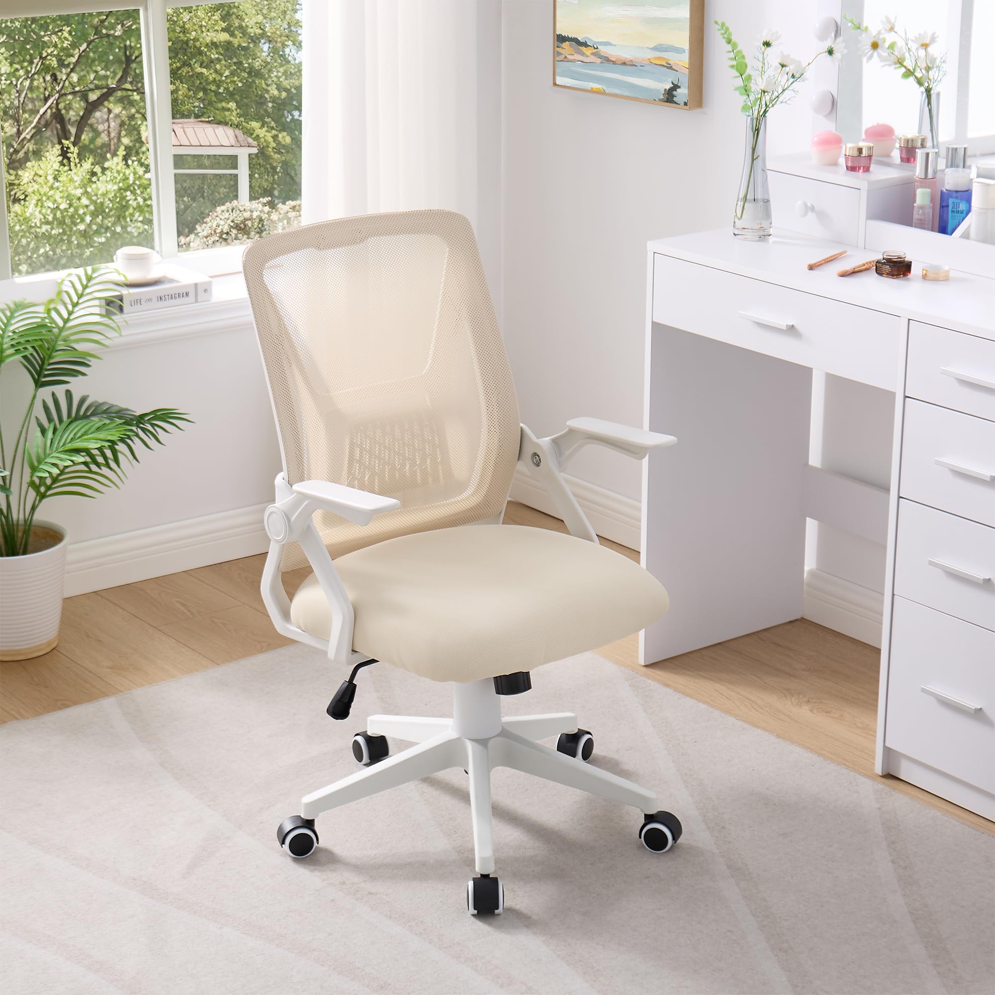 VECELO Mid-Back Swivel Ergonomic Office Chair with Adjustable Arms Mesh Lumbar Support for Computer Task Work, Beige