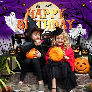 Avezano Halloween Birthday Banner Halloween Birthday Backdrop Kid Halloween Birthday Decorations Horror Moon Night Halloween Booday Backdrop 70.8x43.3 inch, Purple