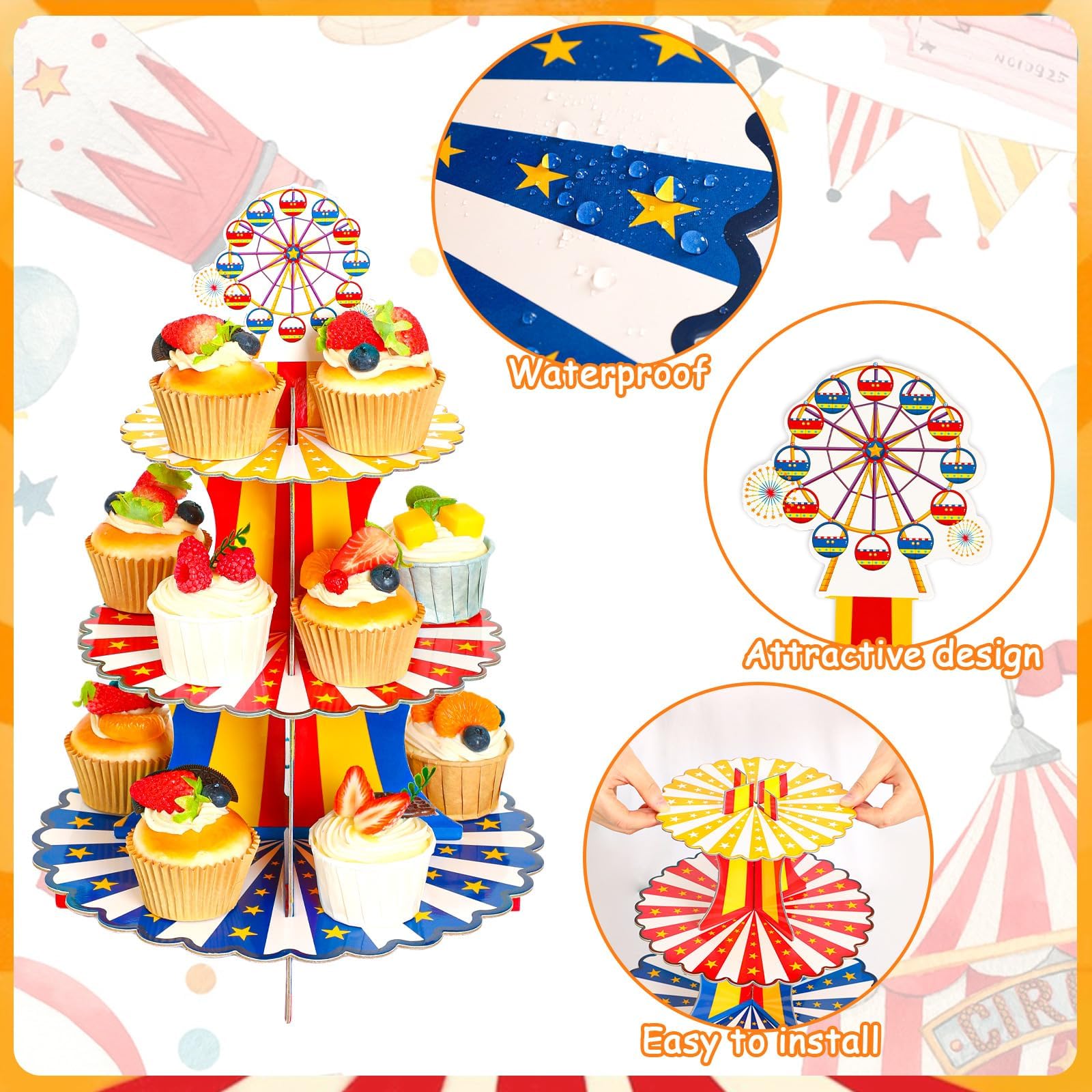 UPINS Carnival Theme Cupcake Stand,Carnival Theme Party Decorations Circus Theme 3 Tier Cupcake Stand Circus Cardboard Cupcake Holder Tower for Carnival Circus Theme Birthday Party Favors Supplies