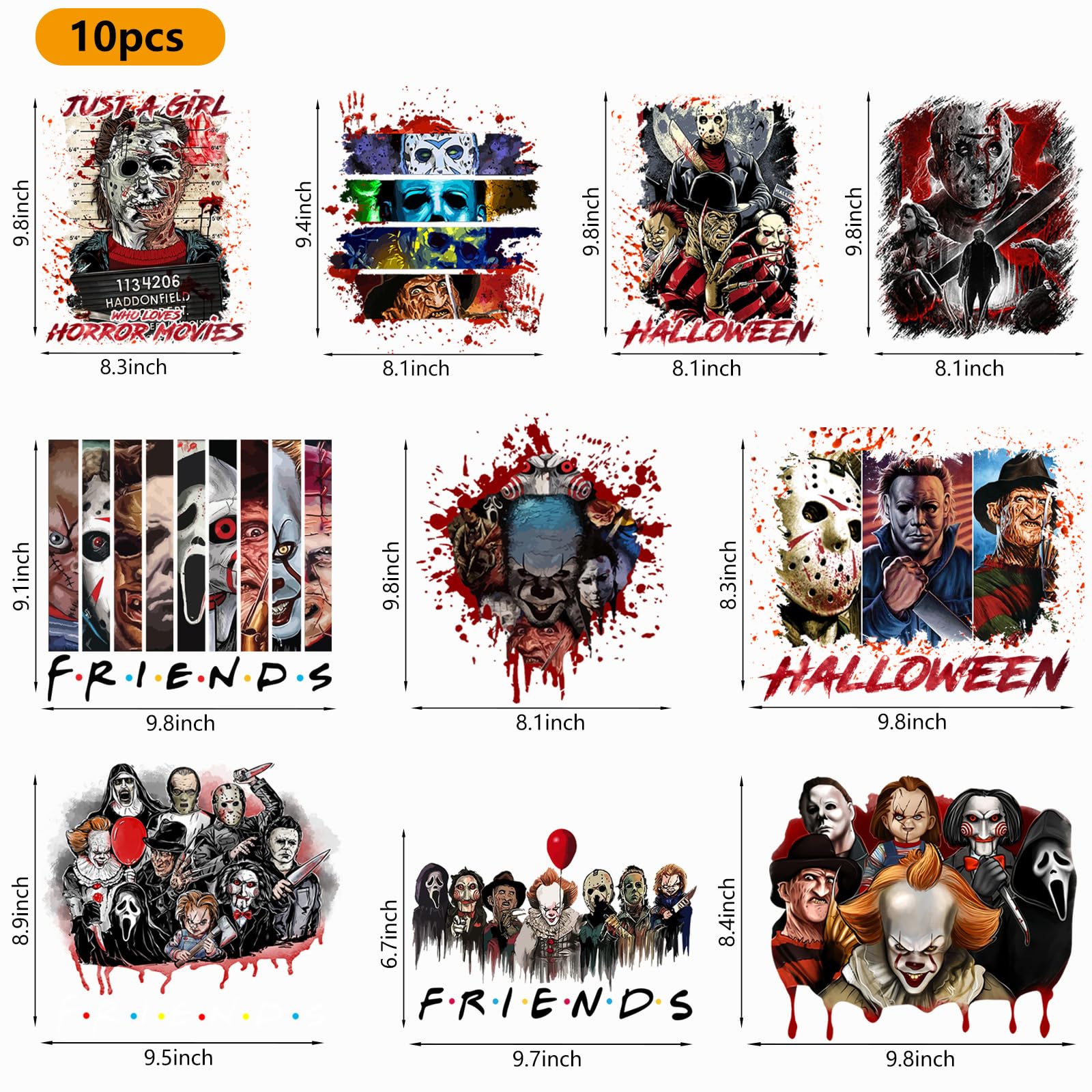 10 Sheets Halloween Iron on Transfers for T-Shirts,Halloween Iron on Patches Stickers,Horror Movie Characters,Halloween Heat Transfer Vinyl Halloween Iron on Decals for T-Shirt Clothes DIY