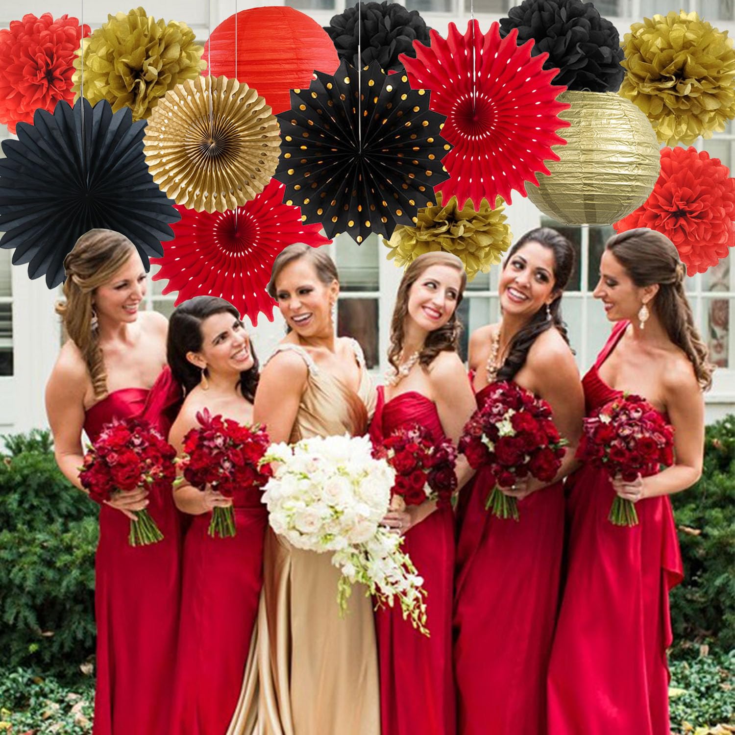 Red Black Gold Party Decorations Casino Theme Graduation Tissue Pom Poms Streamers Paper Lanterns Hanging Paper Fans Game Night Women Men Birthday Wedding Baby Shower Bachelorette Party Decoration