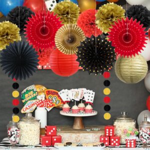 Red Black Gold Party Decorations Casino Theme Graduation Tissue Pom Poms Streamers Paper Lanterns Hanging Paper Fans Game Night Women Men Birthday Wedding Baby Shower Bachelorette Party Decoration