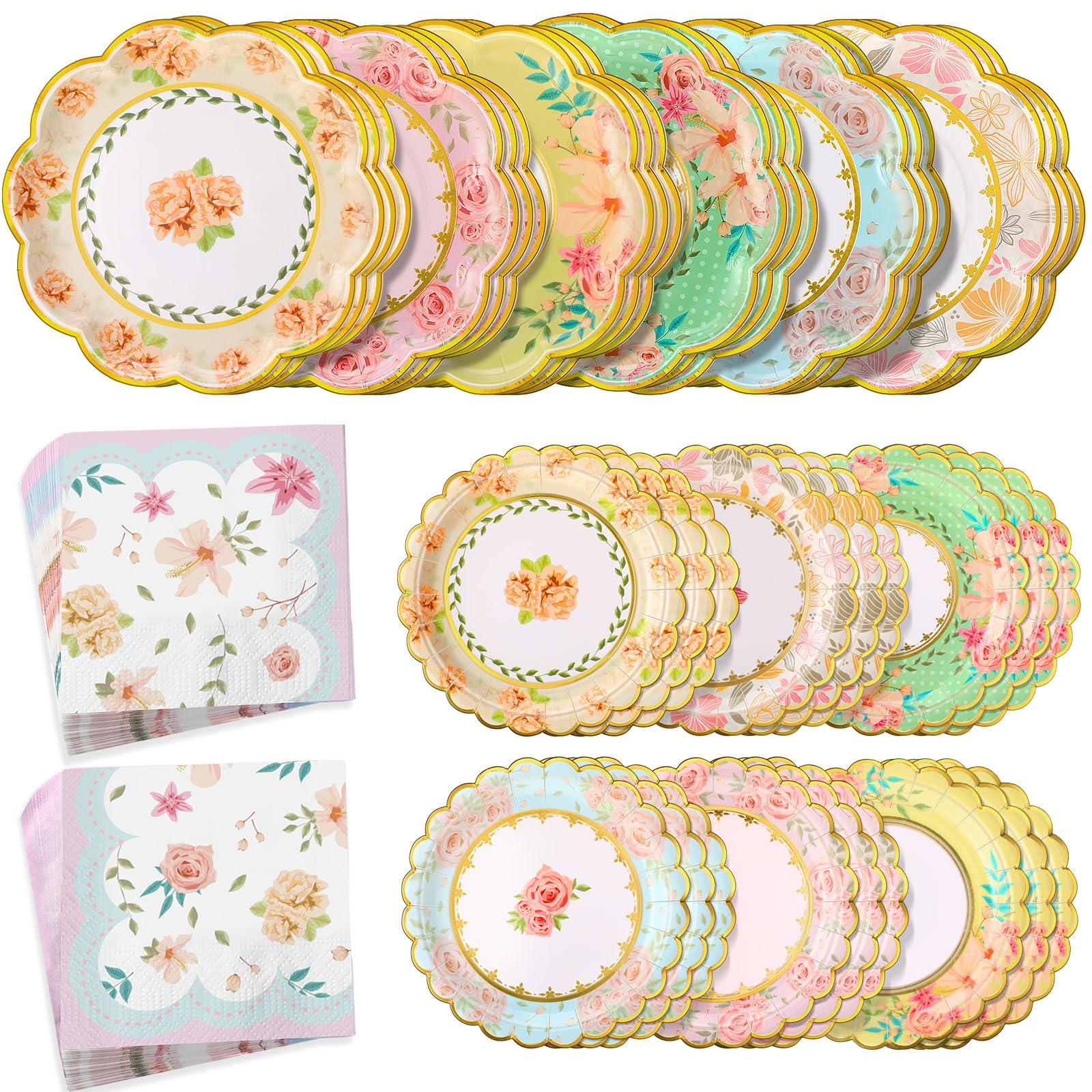 Skybooly 144 Pcs Tea Birthday Party Decorations Tableware for 48 Guests Tea Party Plates and Napkins Sets Disposable Tea Party Decor Dinnerware for Tea Party Bridal Baby Shower Wedding (Floral)