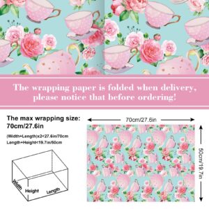 JarThenaAMCS 8 Sheet Tea Party Wrapping Paper -Not Roll- Watercolor Pink Floral Teapot Gift Wrap Paper Folded Flat Art Paper for DIY Crafts Gift Wrapping