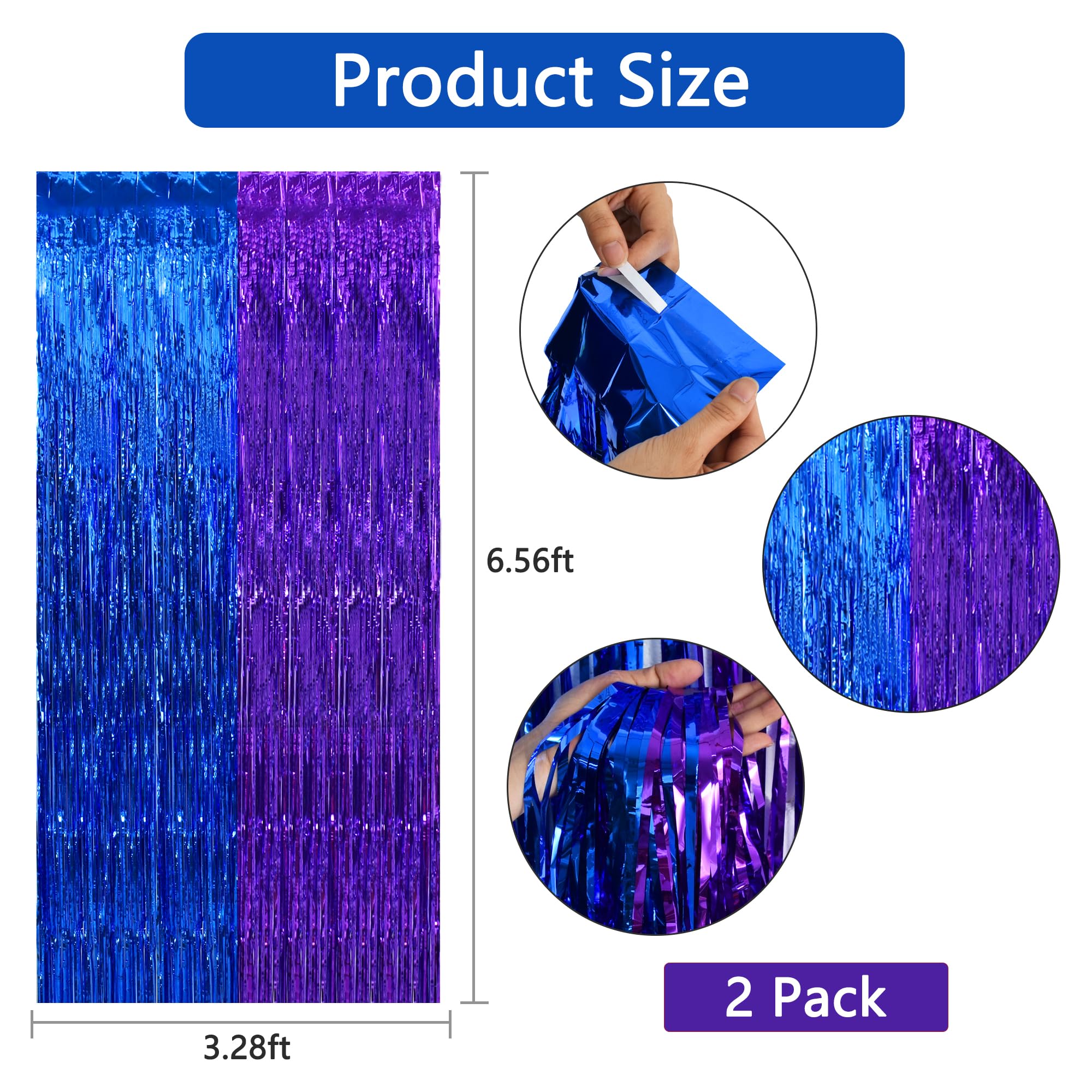 BEISHIDA 2Pcs Blue Purple Door Streamer Light Blue Purple Backdrop Foil Fringe Tinsel Boy Curtains Backdrops for Birthday Baby Shower Gender Reveal Party Decoration (3.28 ft x 6.56 ft)