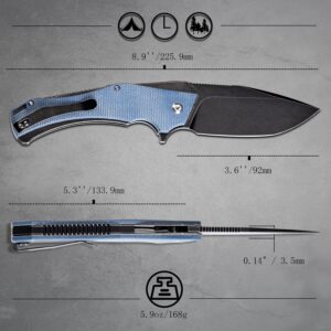 KANSEPT Hellx Pocket Folding Knives Button Lock for Men EDC Pocket Knife 3.6'' Black Stonewashed D2 Blade Excellent Folding Knife with Blue Micarta Handle EDC Knife T1008F3