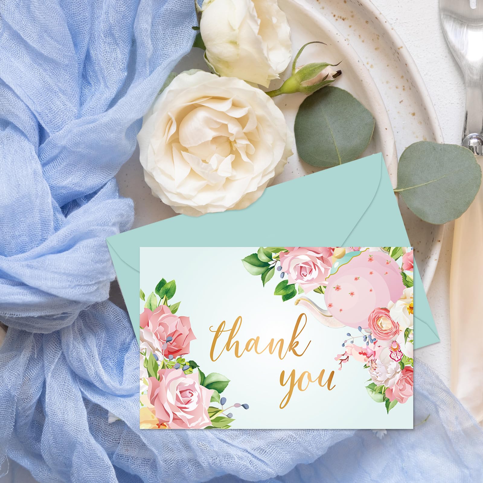 Whaline 36Pcs Floral Thank You Cards with Envelopes and Stickers Tea Party Greeting Cards Flower Teapot Blank Note Cards for Tea Party Weddings Bridal Shower