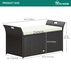 YITAHOME 90 Gallon Outdoor Wicker Storage Bench w/Cushion, Large PE Rattan Deck Storage Box w/Handles & Hydraulics for Patio Furniture, Cushions, Garden Tools, Pool & Sports Equipment, Black&Beige