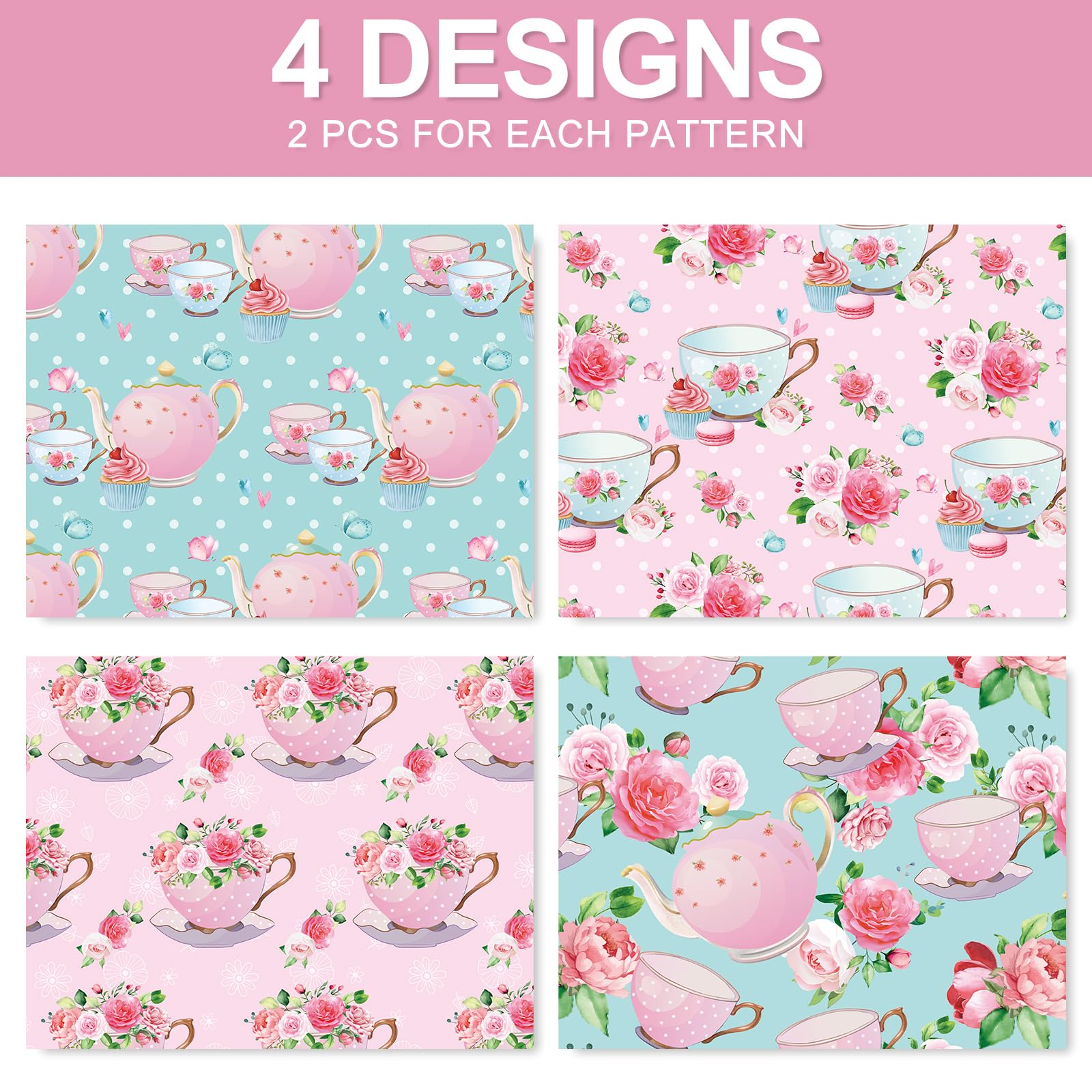 JarThenaAMCS 8 Sheet Tea Party Wrapping Paper -Not Roll- Watercolor Pink Floral Teapot Gift Wrap Paper Folded Flat Art Paper for DIY Crafts Gift Wrapping