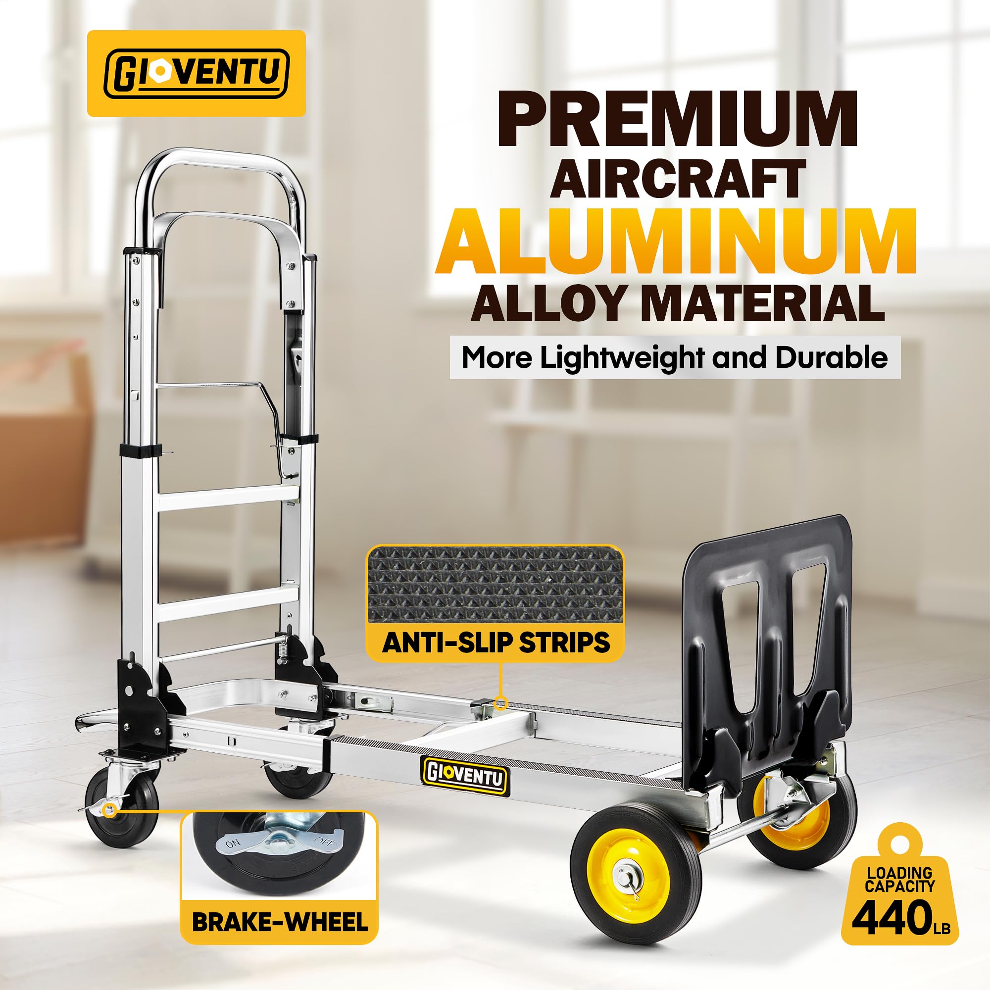 Upgraded 440 lb Capacity Folding Hand Truck Dolly Cart, 3 in 1 Convertible Hand Truck Dolly, Aluminum Dolly Hand Truck with Rubber Brake-Wheels, Anti-Slip Strip & 2 Bungee Ropes for Luggage Office Use