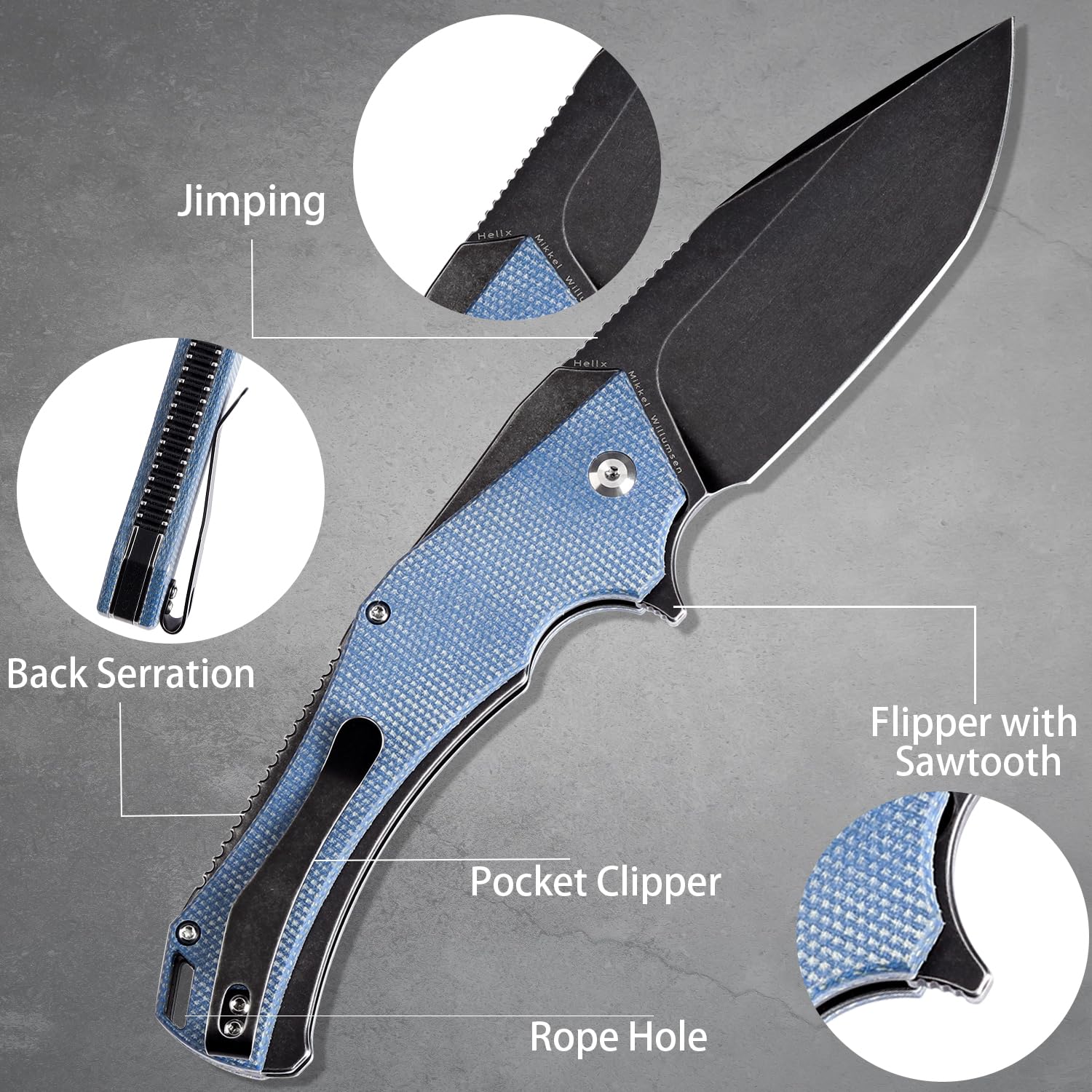 KANSEPT Hellx Pocket Folding Knives Button Lock for Men EDC Pocket Knife 3.6'' Black Stonewashed D2 Blade Excellent Folding Knife with Blue Micarta Handle EDC Knife T1008F3