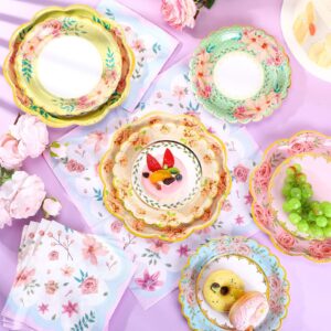 Skybooly 144 Pcs Tea Birthday Party Decorations Tableware for 48 Guests Tea Party Plates and Napkins Sets Disposable Tea Party Decor Dinnerware for Tea Party Bridal Baby Shower Wedding (Floral)