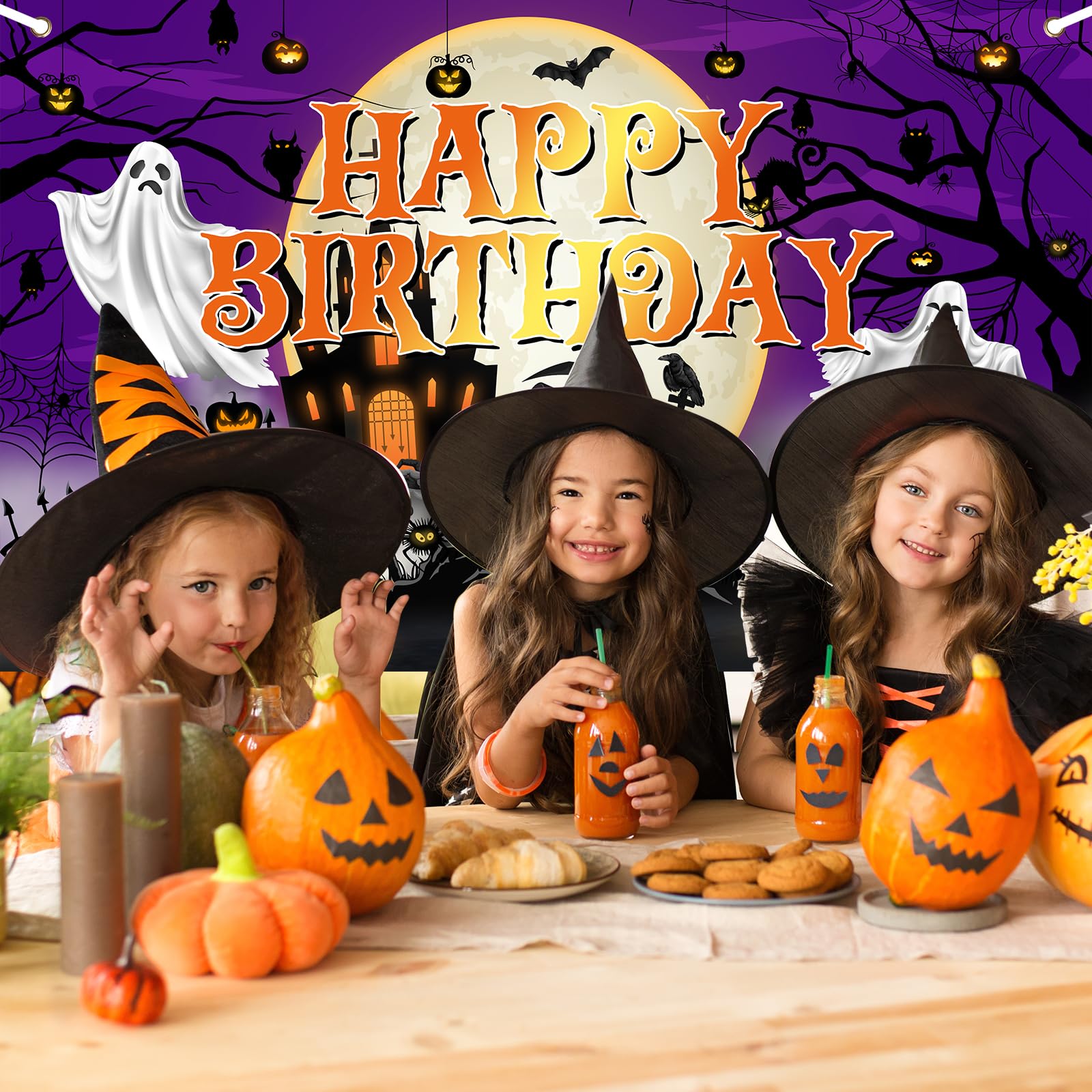 Avezano Halloween Birthday Banner Halloween Birthday Backdrop Kid Halloween Birthday Decorations Horror Moon Night Halloween Booday Backdrop 70.8x43.3 inch, Purple