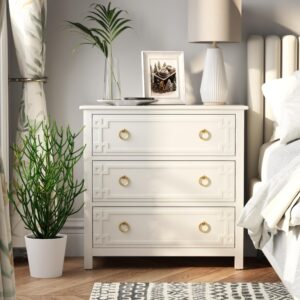 cozayh farmhouse 3-drawer dresser, fully-assembled french country chest of drawers with embossed geometric lines, rustic dresser for bedroom, living room, white