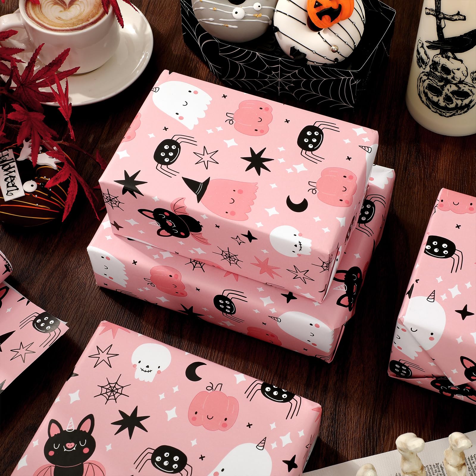 JarThenaAMCS Halloween Wrapping Paper - Mini Roll - 17 Inch x 32.8 Ft Ghost Spider Bat Gift Wrap Paper Pink Art Paper for DIY Crafts Home Party Supplies