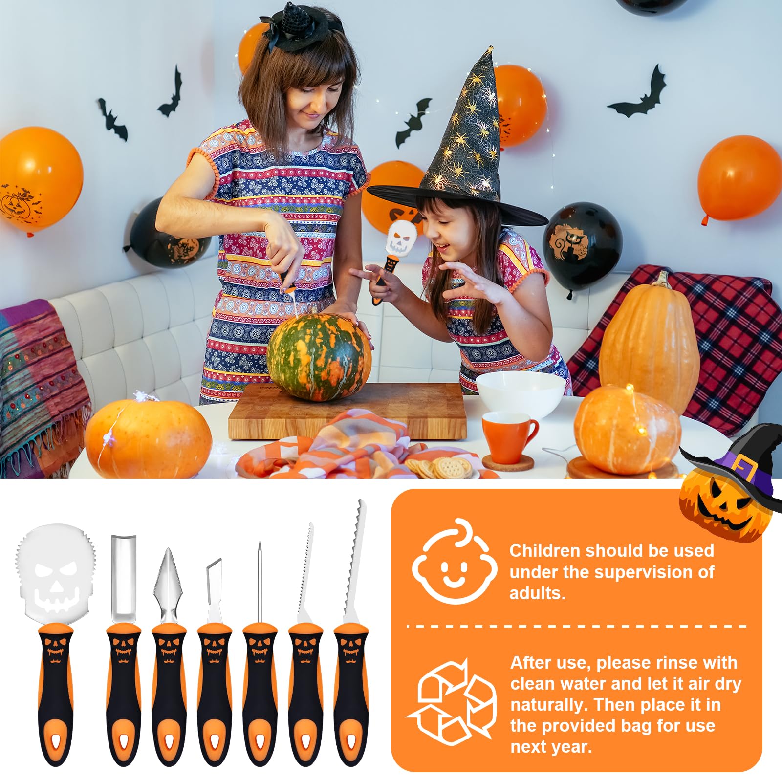 Bymugo 7 Pcs Halloween Pumpkin Carving Kit, Professional Heavy Duty Stainless Steel Tools, Carving Knives and Scoops, Ergonomic Handle Pumpkin Carving Set, Halloween Party Decoration Supplies