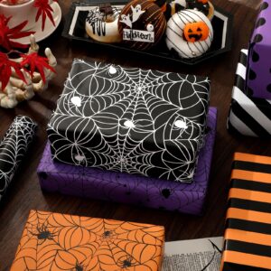 JarThenaAMCS 3 Rolls Halloween Wrapping Paper - Mini Roll - 17 Inch x 16.4 Ft Spiderweb Stripe Dot Gift Wrap Paper Double-Sided Art Paper for DIY Crafts Supplies