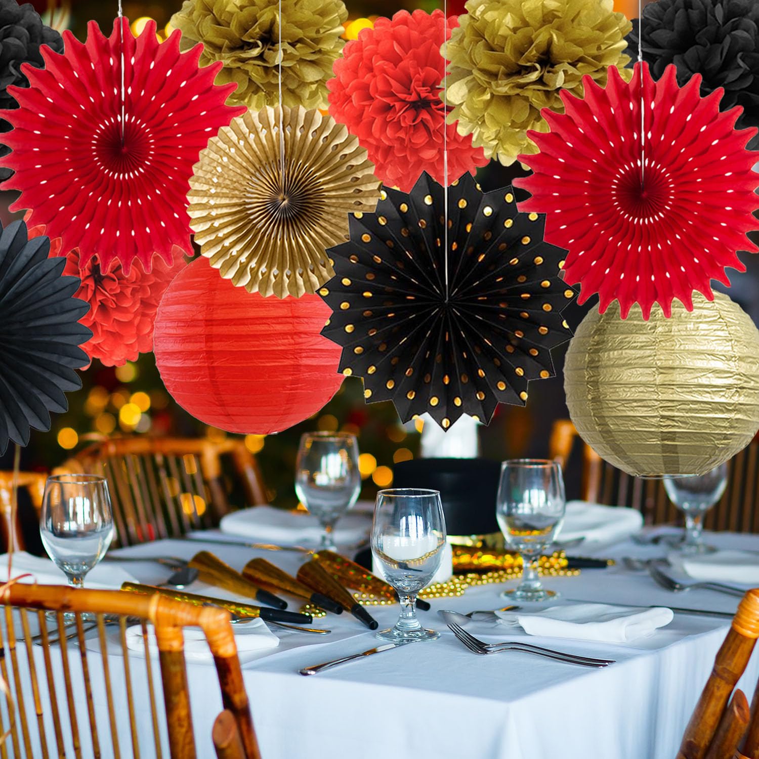 Red Black Gold Party Decorations Casino Theme Graduation Tissue Pom Poms Streamers Paper Lanterns Hanging Paper Fans Game Night Women Men Birthday Wedding Baby Shower Bachelorette Party Decoration