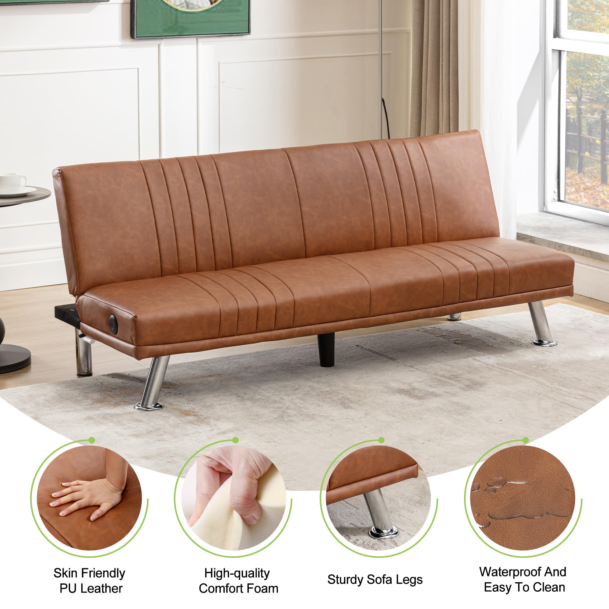 VECELO Sectional Convertible Sofa Bed Faux Leather Folding Sleeper Futon for Living Room, Brown