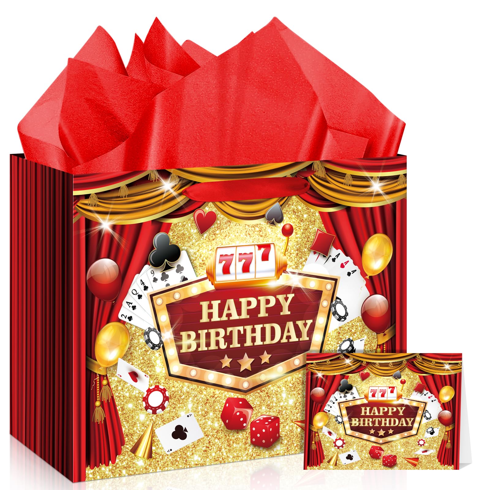 Large Casino Birthday Favor Gift Bags with Card Tissue Paper Red Happy Birthday Treat Gift Bags Las Vegas Poker Themed Gift Wrapping Paper Bag for Men Women Christmas Casino Birthday Party Decorations Supplies