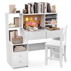 rupolx childrens computer desk with 4 drawers, white kids desk and chair set for 5-12 year old,kids study table with storage shelf-tmtt9j