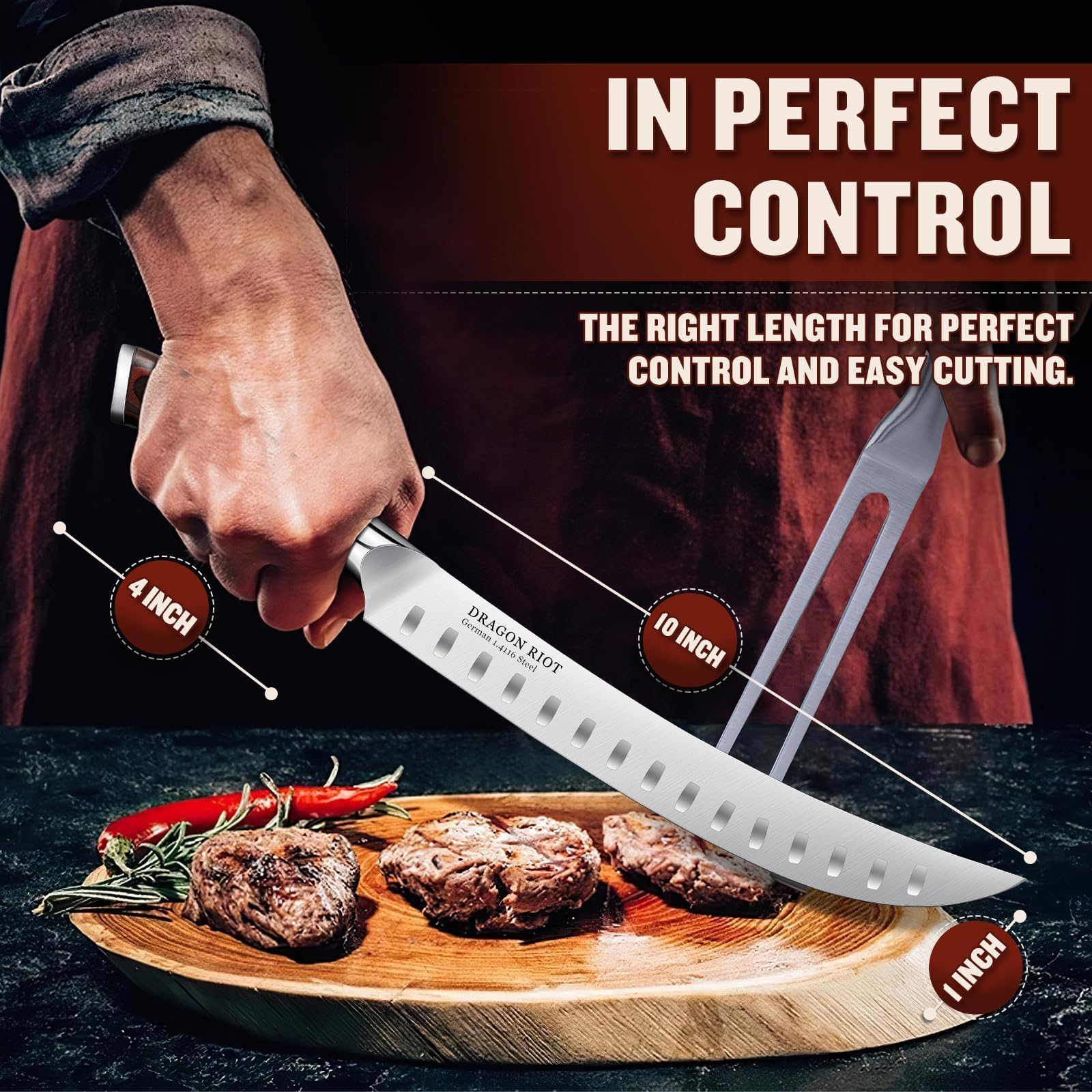 DRAGON RIOT 10 inch Premium Brisket Carving Knife, Razor Sharp Brisket Knife with Ergonomic Handle Design, Granton Edge, Hand Forged Slicing Knife for Meat and BBQ Cuting Gift for Men