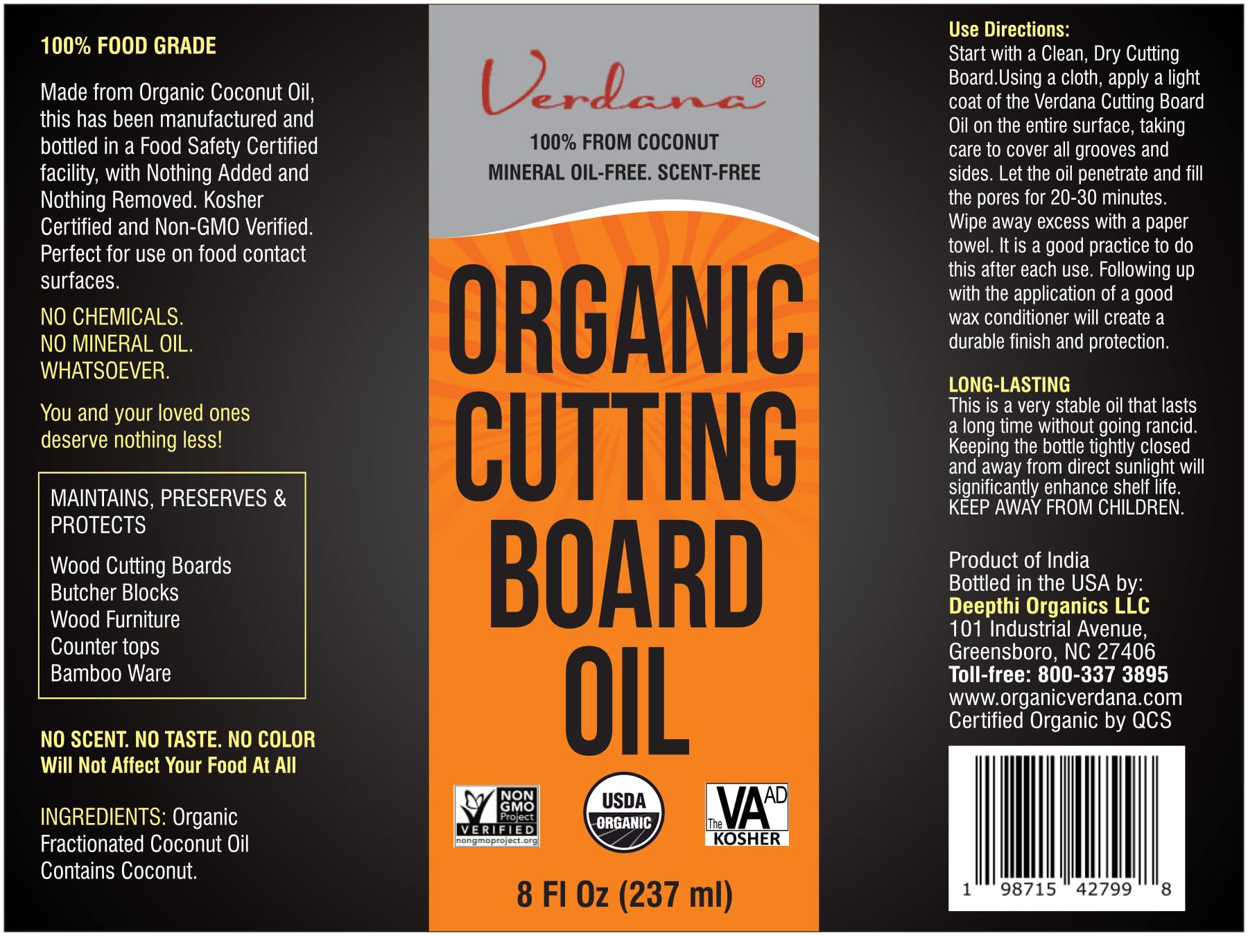 Verdana Organic Cutting Board Oil – Food Grade Kosher Non-GMO – 100% Coconut Derived & Vegan - Butcher Block Oil & Conditioner and Polish for All Wood – NO Mineral Oil Involved – 8 Fl Oz