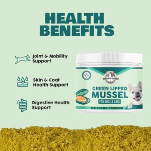 Benji & Louie Green Lipped Mussels Powder for Dogs and Cats 3.17 oz (90g) - 300 Servings - Sourced from USA - Rich in Omega-3 Fatty Acids for Joint, Skin & Coat Health, Made in USA