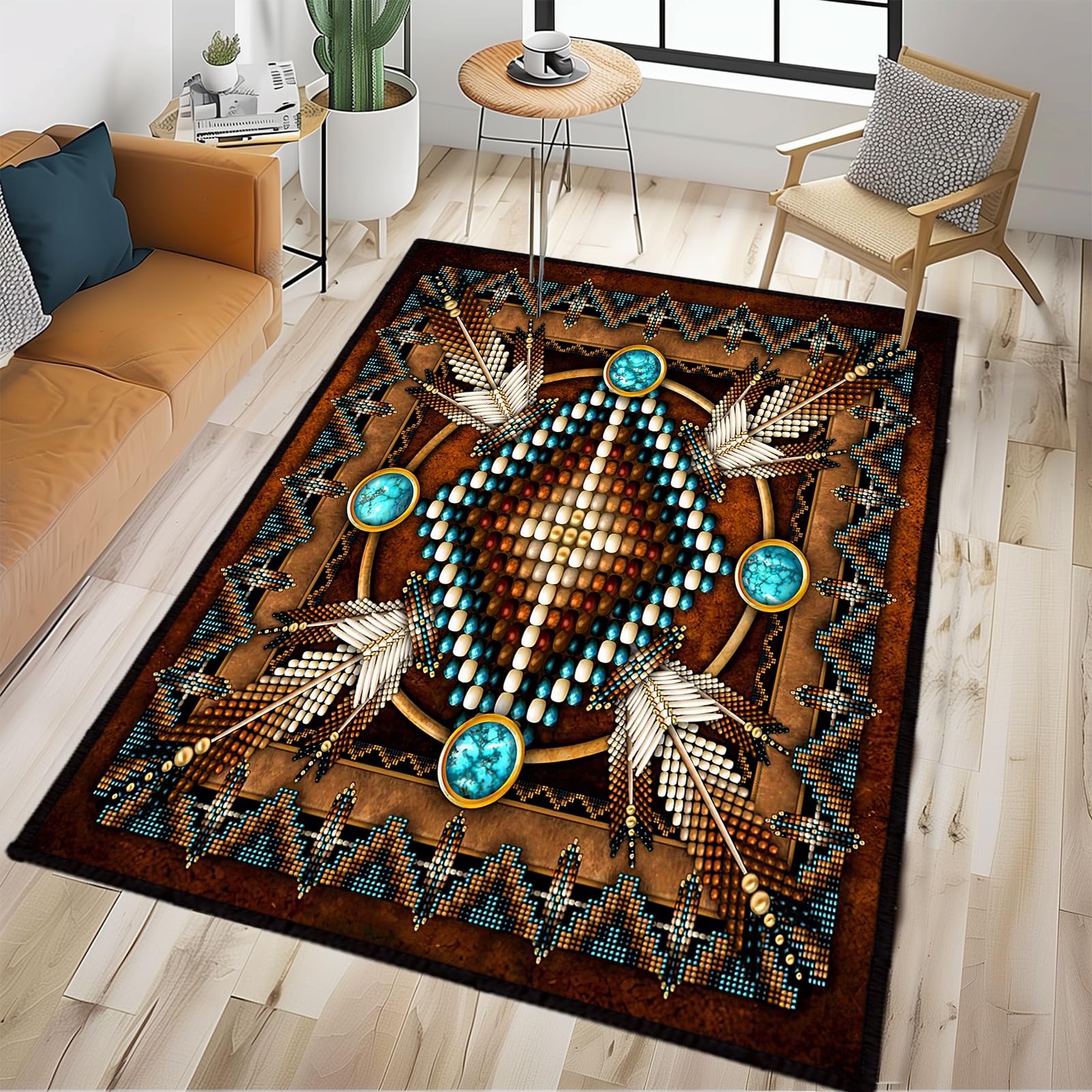 Southwestern Area Rug 5x7 Washable Living Room Rug,Aztec Tribal Rugs Native American Throw Rugs Vintage Rug Non Slip Bedroom Area Carpet Soft Floor Carpets Mat for Dining Room,Laundry,Office,Brown