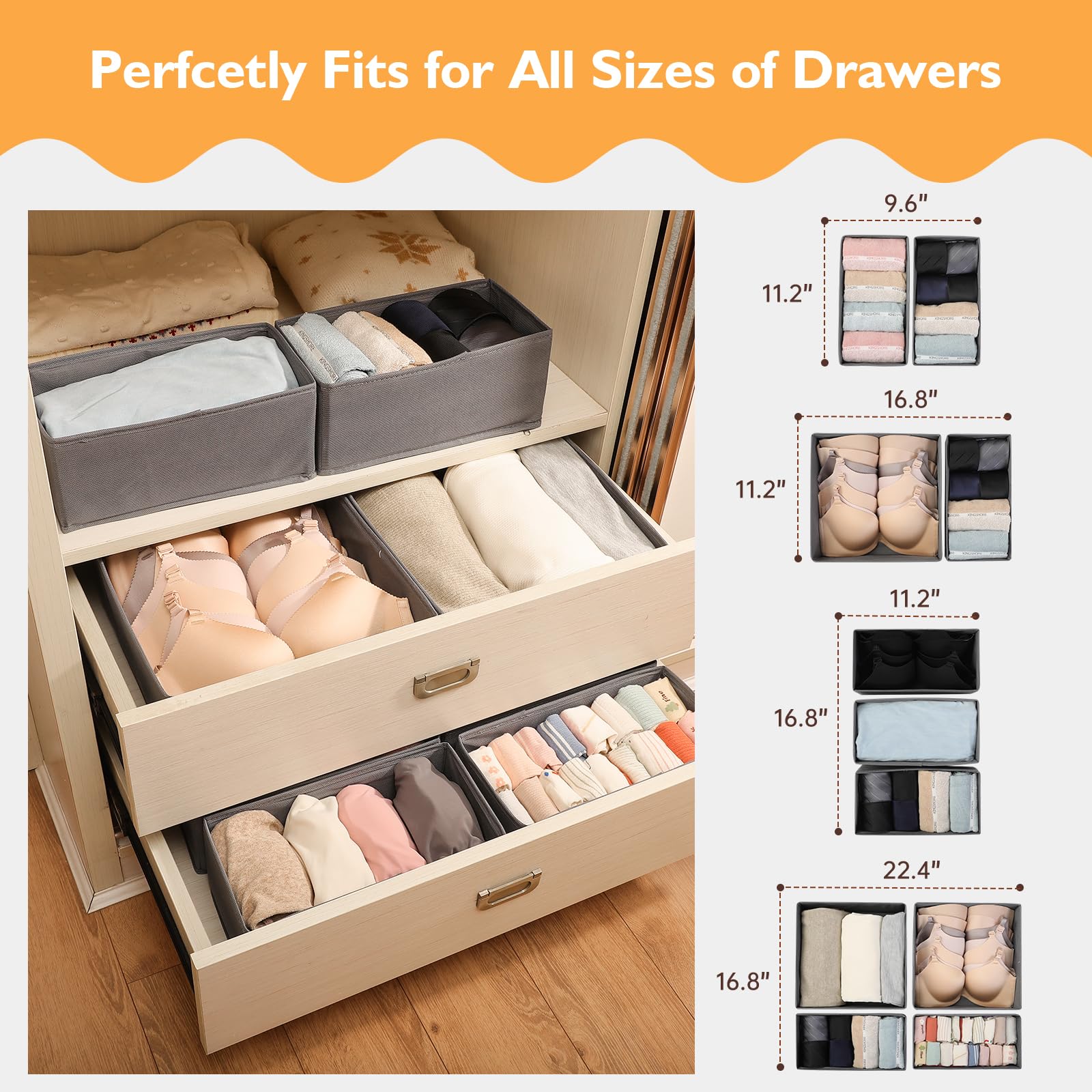 EXMOEE 6 Pack Drawer Organizer, Fabric Closet Organizer and Storage Baskets, Foldable Drawer Divider for Clothes Sock Underwear Drawer Organizers for Clothing Dresser Drawer Organizers