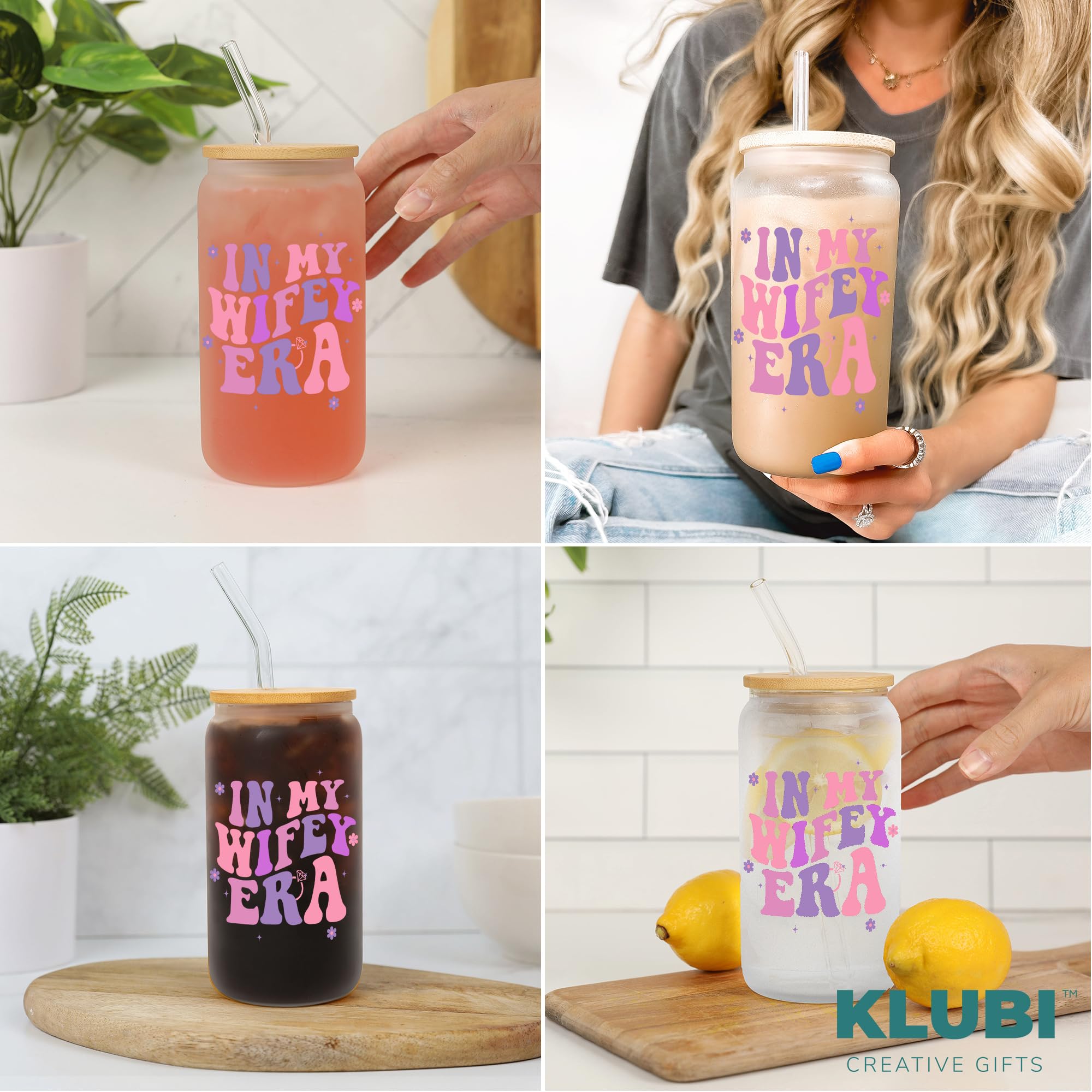 KLUBI Bridal Shower Gifts for Bride - In My Wifey Era 16oz Glass Bride Cup Perfect Bride Gifts Classy Bachelorette Gifts for Bride to Be Wifey Cup Wedding Gifts for Bride Bridal Shower Wedding Gifts