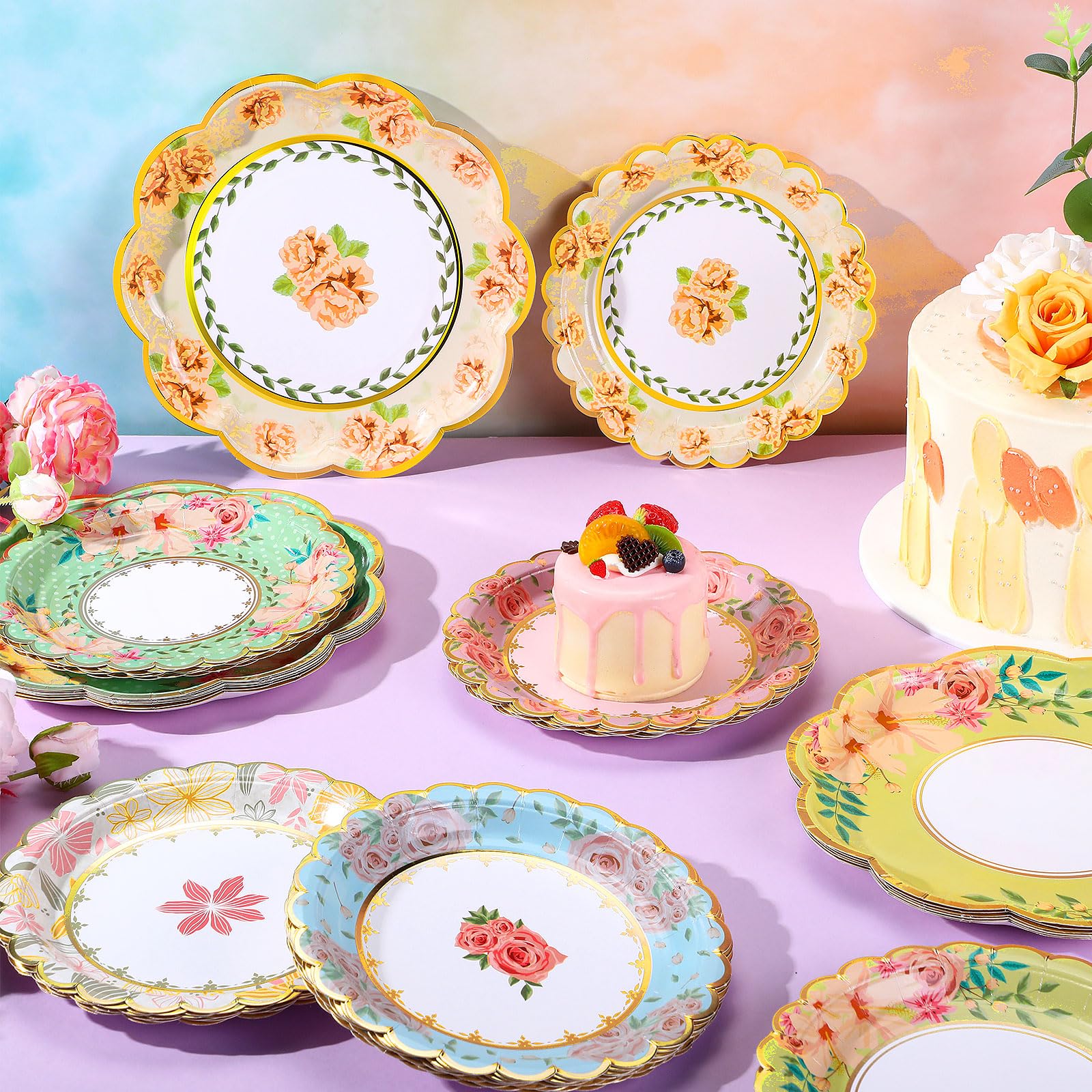 Skybooly 144 Pcs Tea Birthday Party Decorations Tableware for 48 Guests Tea Party Plates and Napkins Sets Disposable Tea Party Decor Dinnerware for Tea Party Bridal Baby Shower Wedding (Floral)