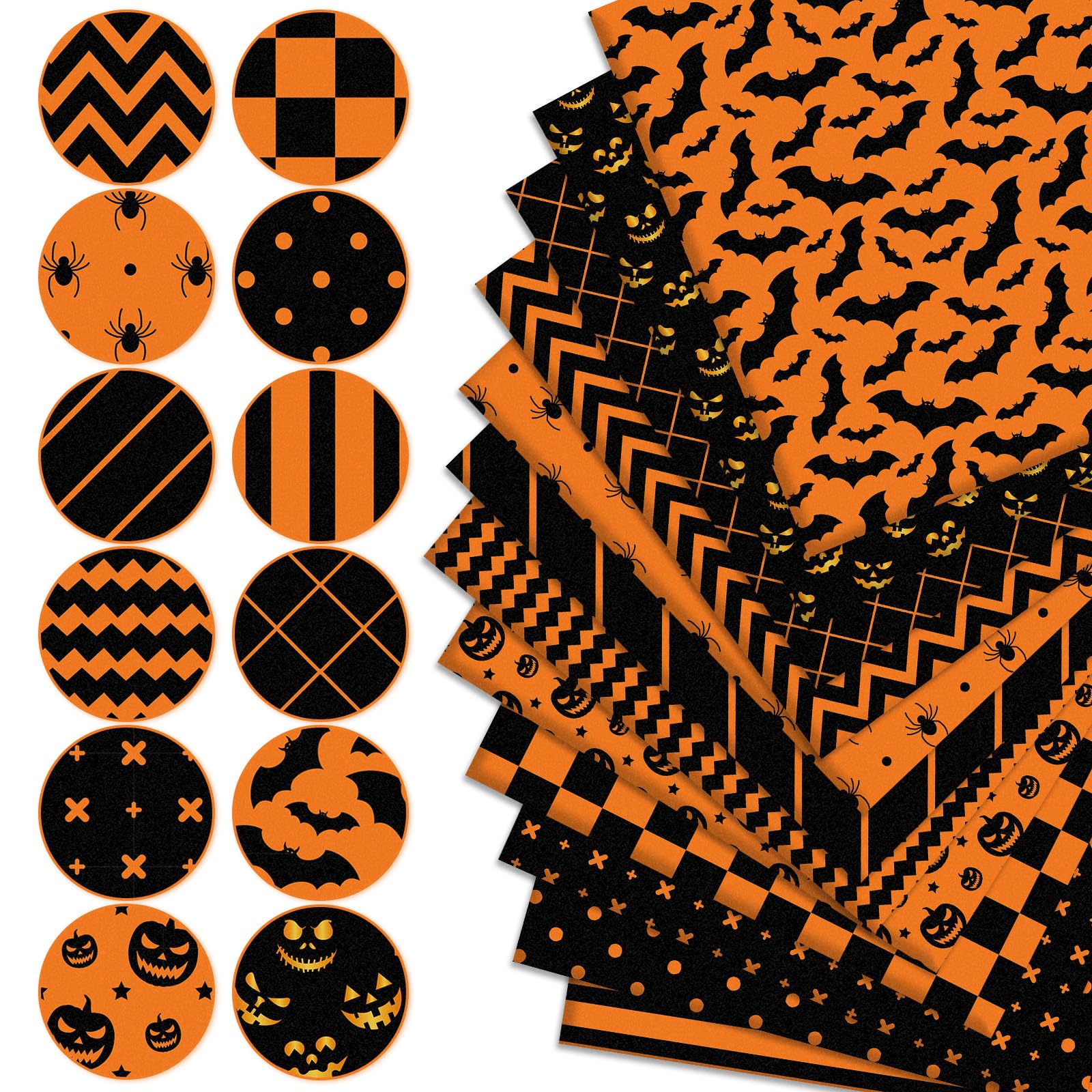 Whaline 12Pcs Halloween Cotton Fabric Bundles 10 x 10 Inch Spider Pumpkin Bat Plaid Stripe Dot Fat Quarters Orange Black Squares Sewing Fabrics for DIY Craft Party Decor