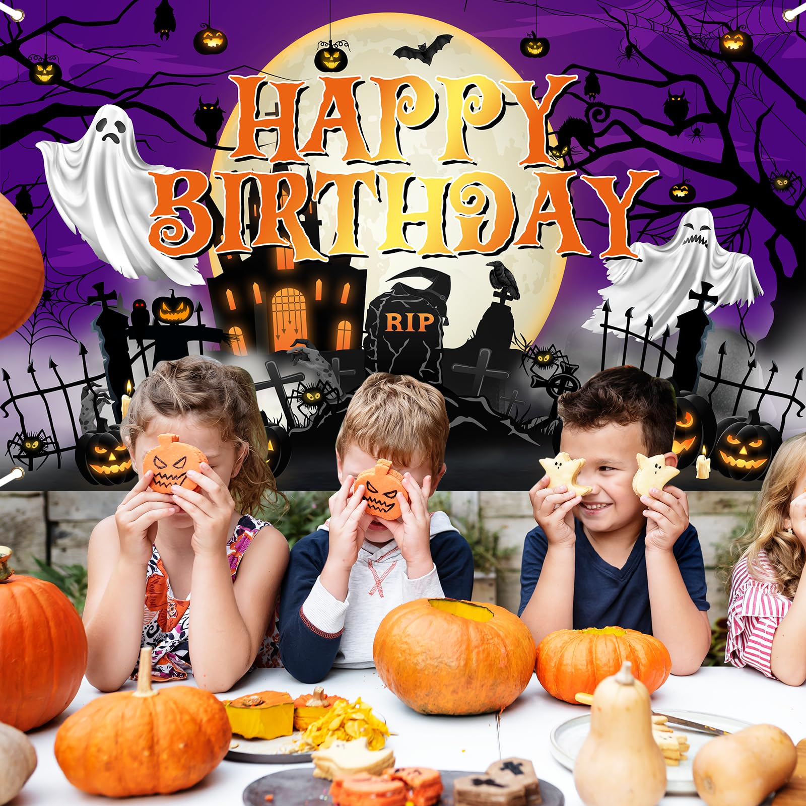 Avezano Halloween Birthday Banner Halloween Birthday Backdrop Kid Halloween Birthday Decorations Horror Moon Night Halloween Booday Backdrop 70.8x43.3 inch, Purple