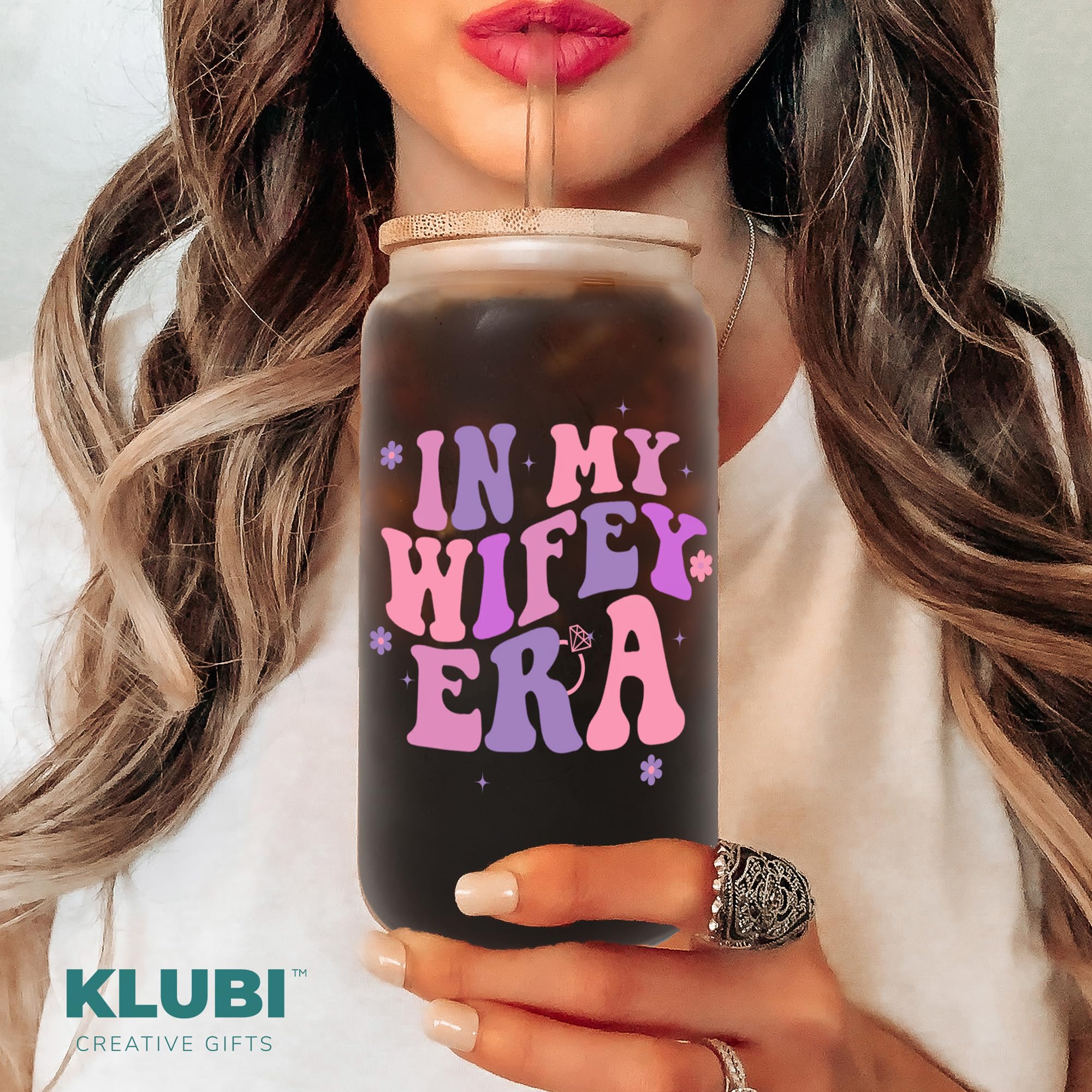 KLUBI Bridal Shower Gifts for Bride - In My Wifey Era 16oz Glass Bride Cup Perfect Bride Gifts Classy Bachelorette Gifts for Bride to Be Wifey Cup Wedding Gifts for Bride Bridal Shower Wedding Gifts