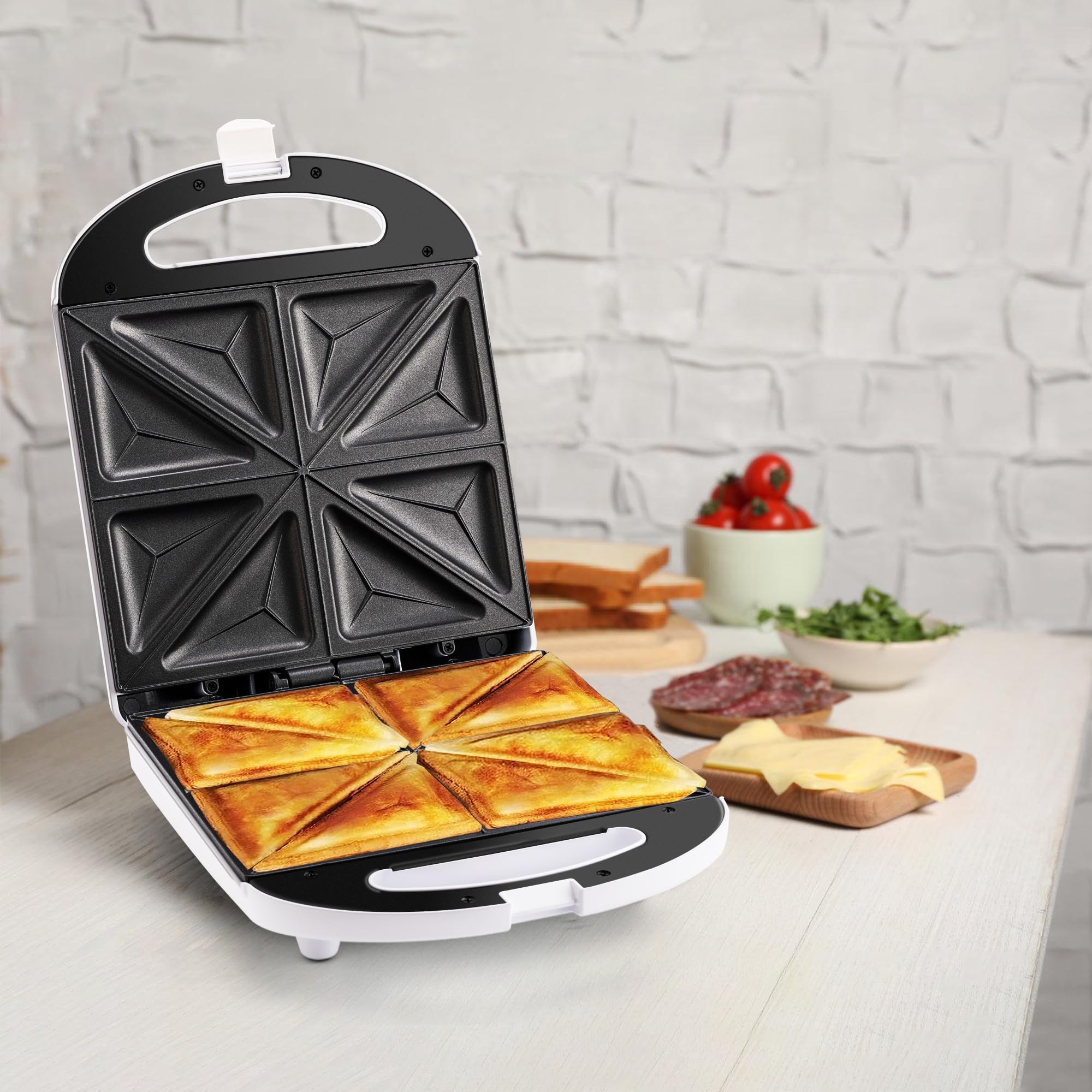 Pukomc Breakfast Sandwich Maker, 4-Slice Sandwich Press with Non-Stick Plates,Grilled Cheese Maker, Indicator Lights, Cool Touch Handle, Easy to Clean and Store